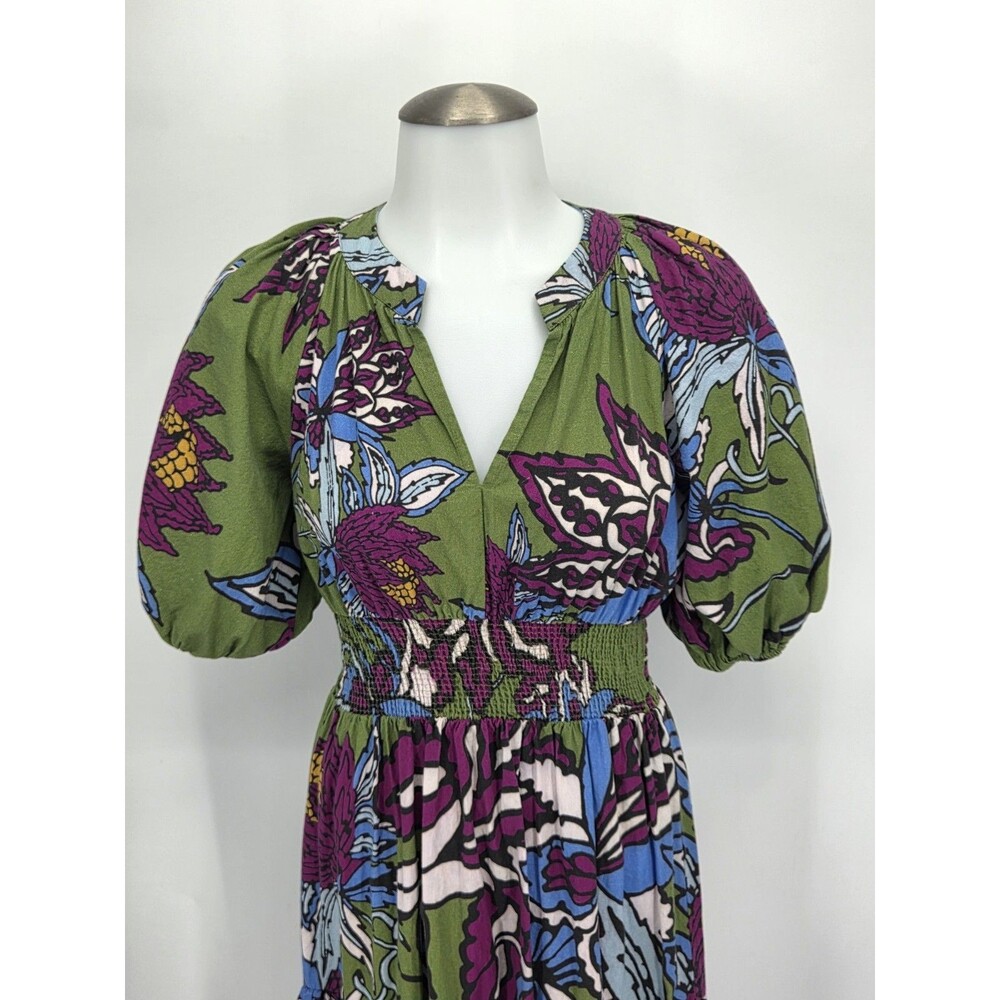 Anthropologie Conditions Apply Green Floral Puff Sleeve Midi Dress Size 2 BOHO - Picture 4 of 6